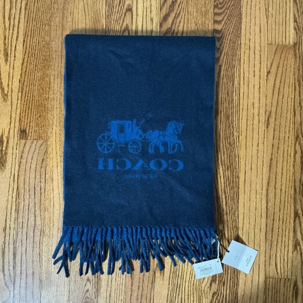 NWT COACH Women's 100% Cashmere Bicolor Logo Navy Blue Scarf 231751JAX